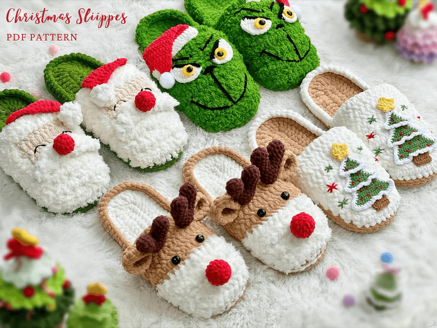 Festive Crochet: Grinch, Santa, Reindeer, and Christmas Tree Slipper Patterns