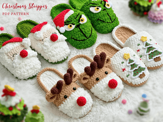 Festive Crochet: Grinch, Santa, Reindeer, and Christmas Tree Slipper Patterns