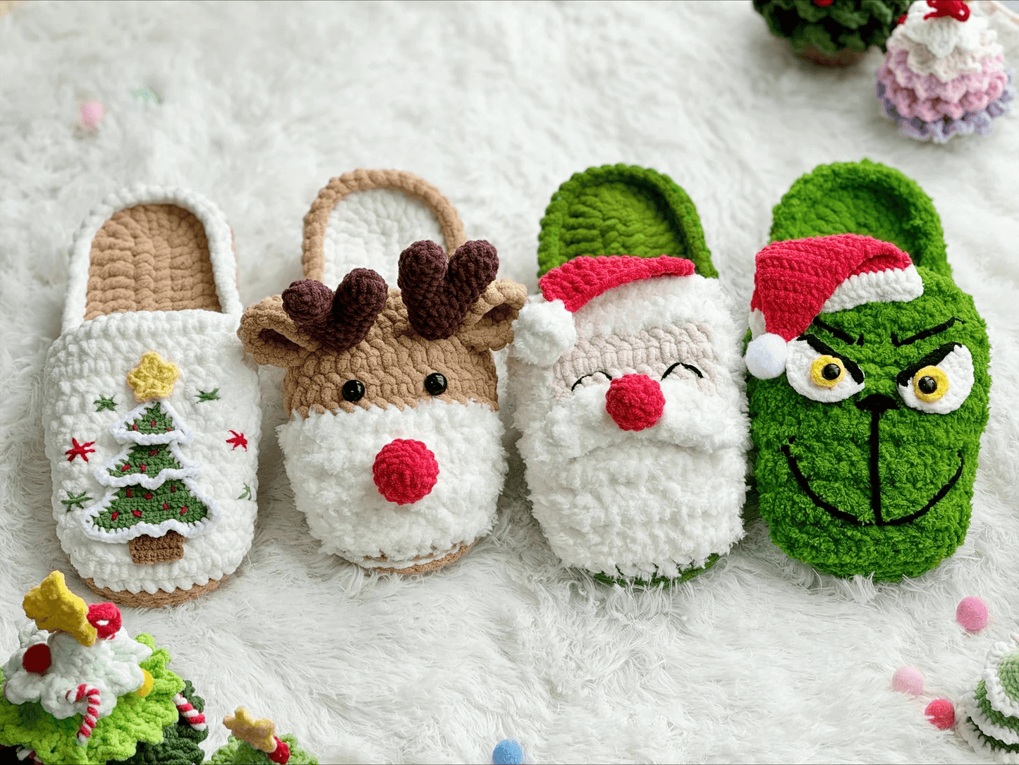 Festive Crochet: Grinch, Santa, Reindeer, and Christmas Tree Slipper Patterns